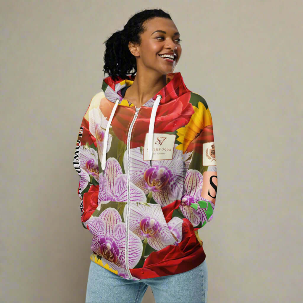 STORE 7994 “FLOWERS NOW” All-Over Floral Hoodie – Red Roses, Wild Orchids & Sunflowers, Recycled Mix
