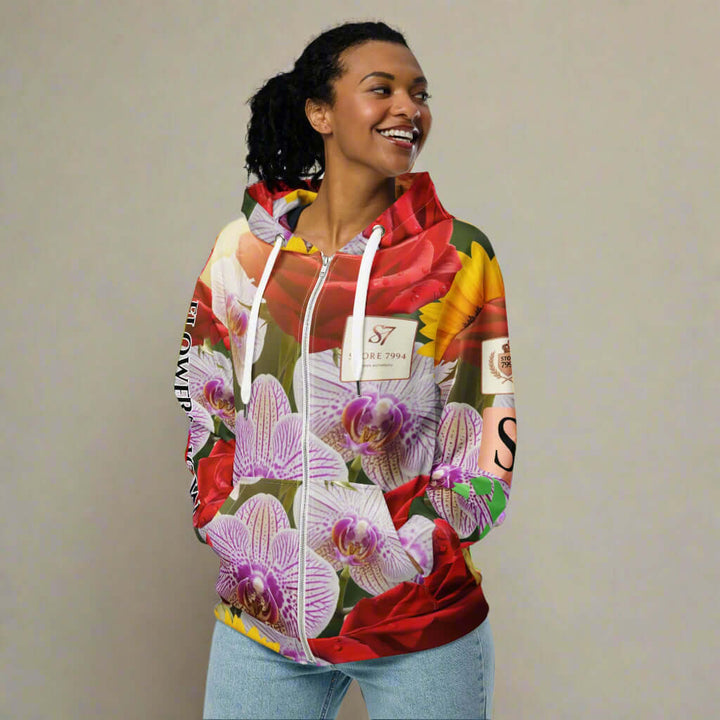 STORE 7994 “FLOWERS NOW” All-Over Floral Hoodie – Red Roses, Wild Orchids & Sunflowers, Recycled Mix