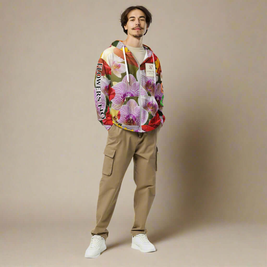 STORE 7994 “FLOWERS NOW” All-Over Floral Hoodie – Red Roses, Wild Orchids & Sunflowers, Recycled Mix