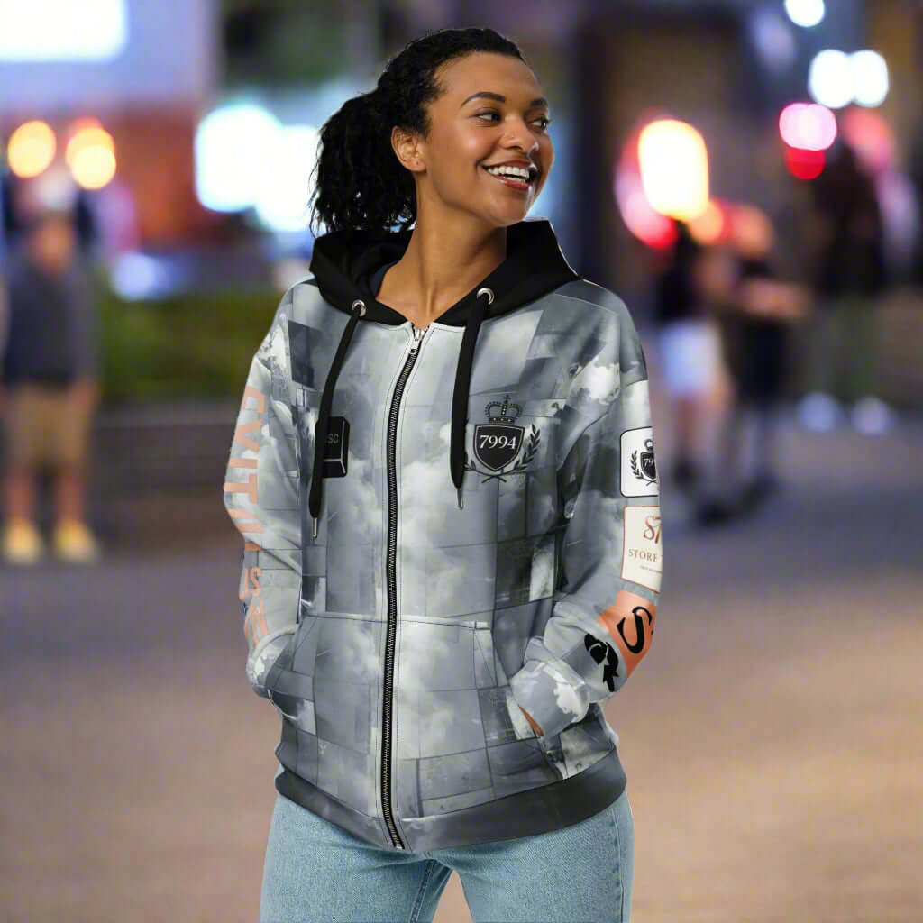 Woman in grey hoodie