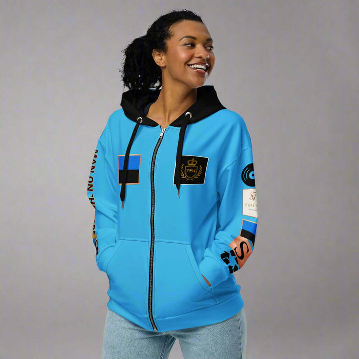 woman in blue hoodie