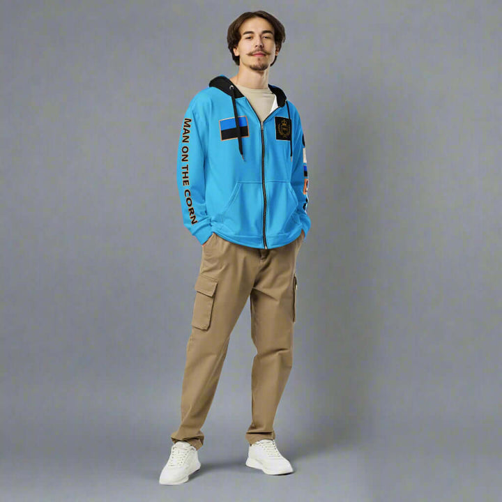 Man in blue hoodie