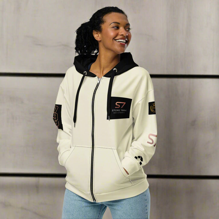woman in creme colored hoodie