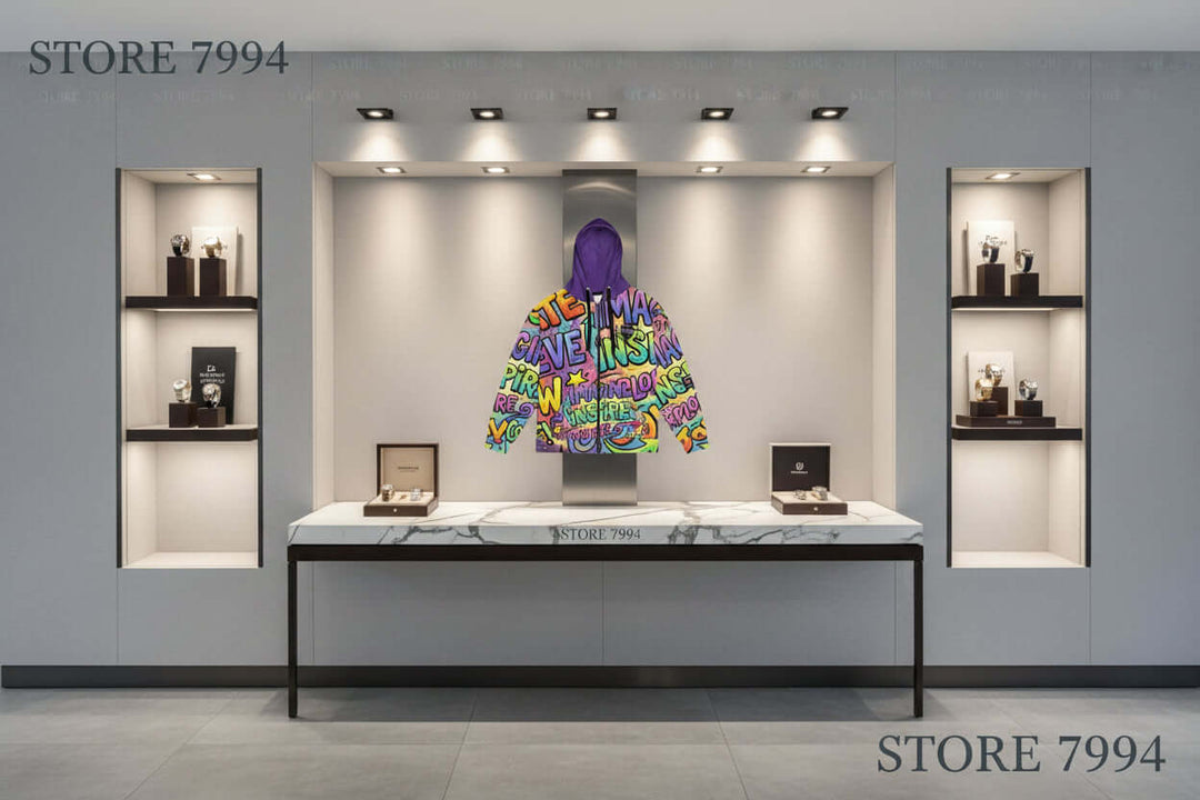 S7 Multicolor Inspiration Hoodie – Purple Edition displayed in a luxury fashion store, showcasing vibrant inspirational words.