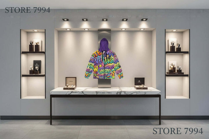 S7 Multicolor Inspiration Hoodie – Purple Edition displayed in a luxury fashion store, showcasing vibrant inspirational words.
