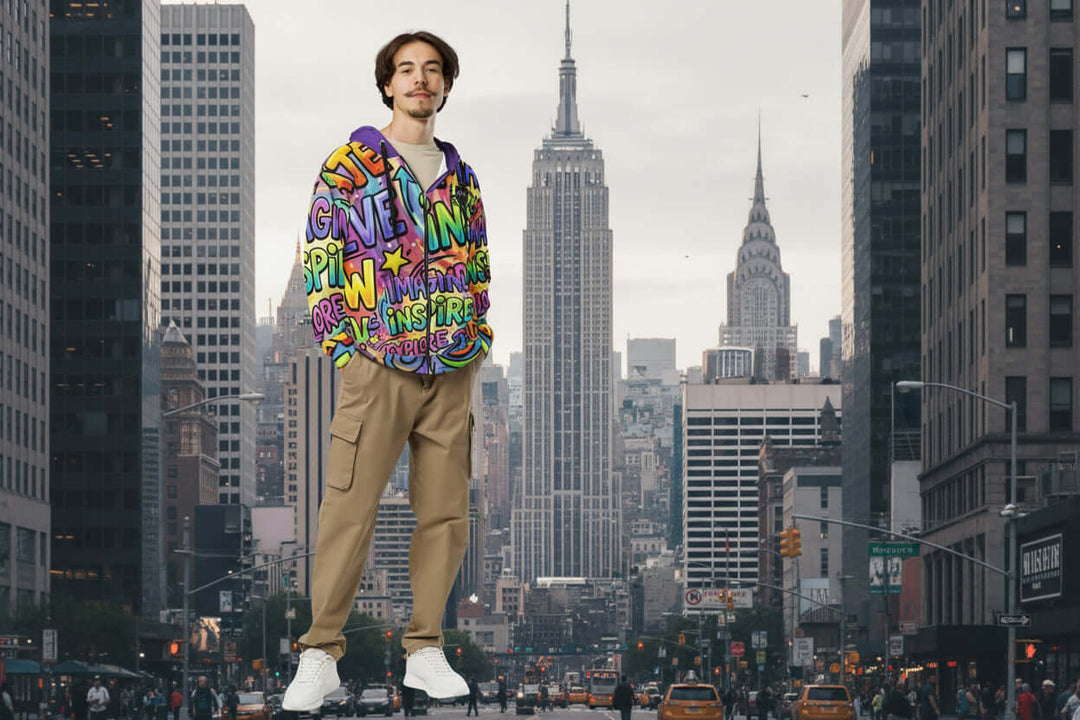 S7 Multicolor Inspiration Hoodie – Purple Edition worn in urban setting, showcasing luxury fashion and vibrant streetwear style.