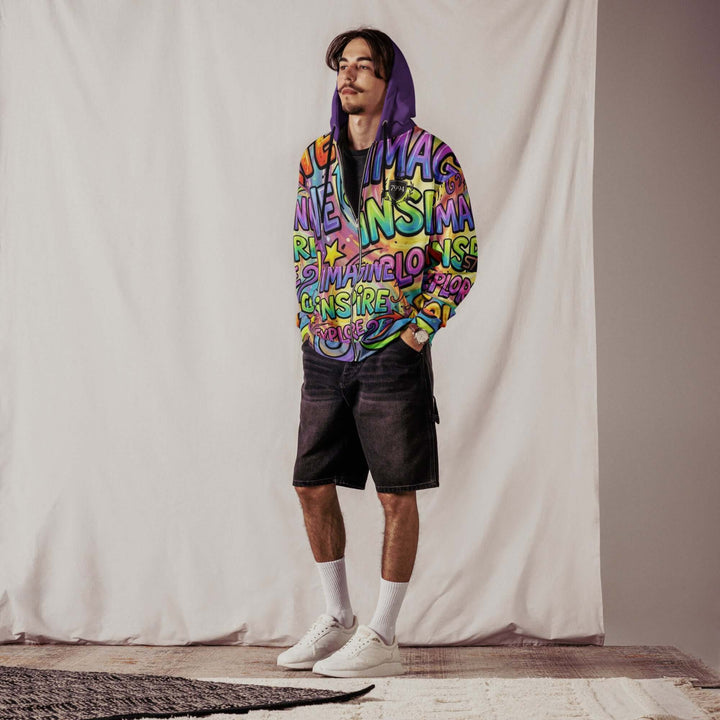 S7 Multicolor Inspiration Hoodie – Purple Edition worn by a model showcasing vibrant colors and inspirational words.