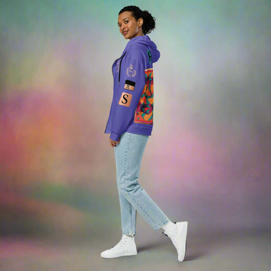 "Fractiπ" Unisex multicolor purple graphic art zip hoodie