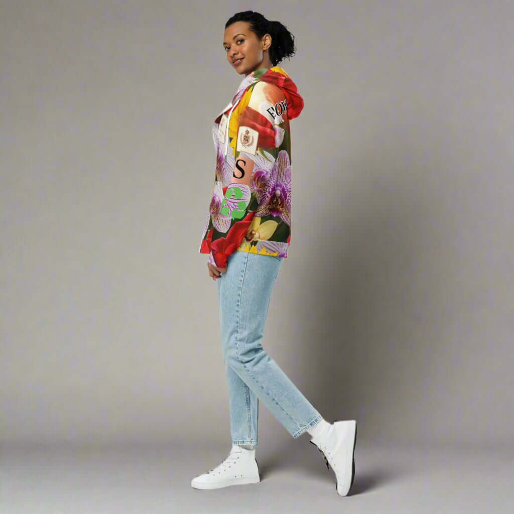 STORE 7994 “FLOWERS NOW” All-Over Floral Hoodie – Red Roses, Wild Orchids & Sunflowers, Recycled Mix