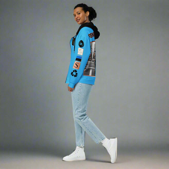 Woman in blue hoodie