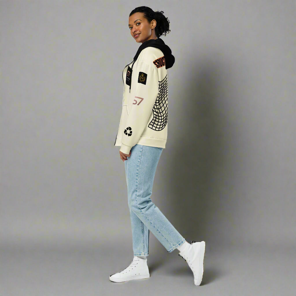 Woman in creme colored hoodie
