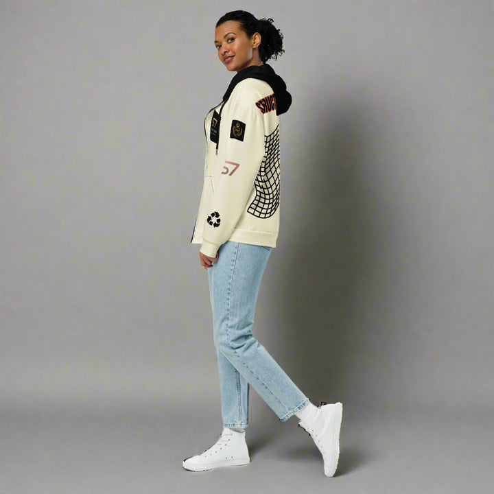 Woman in creme colored hoodie