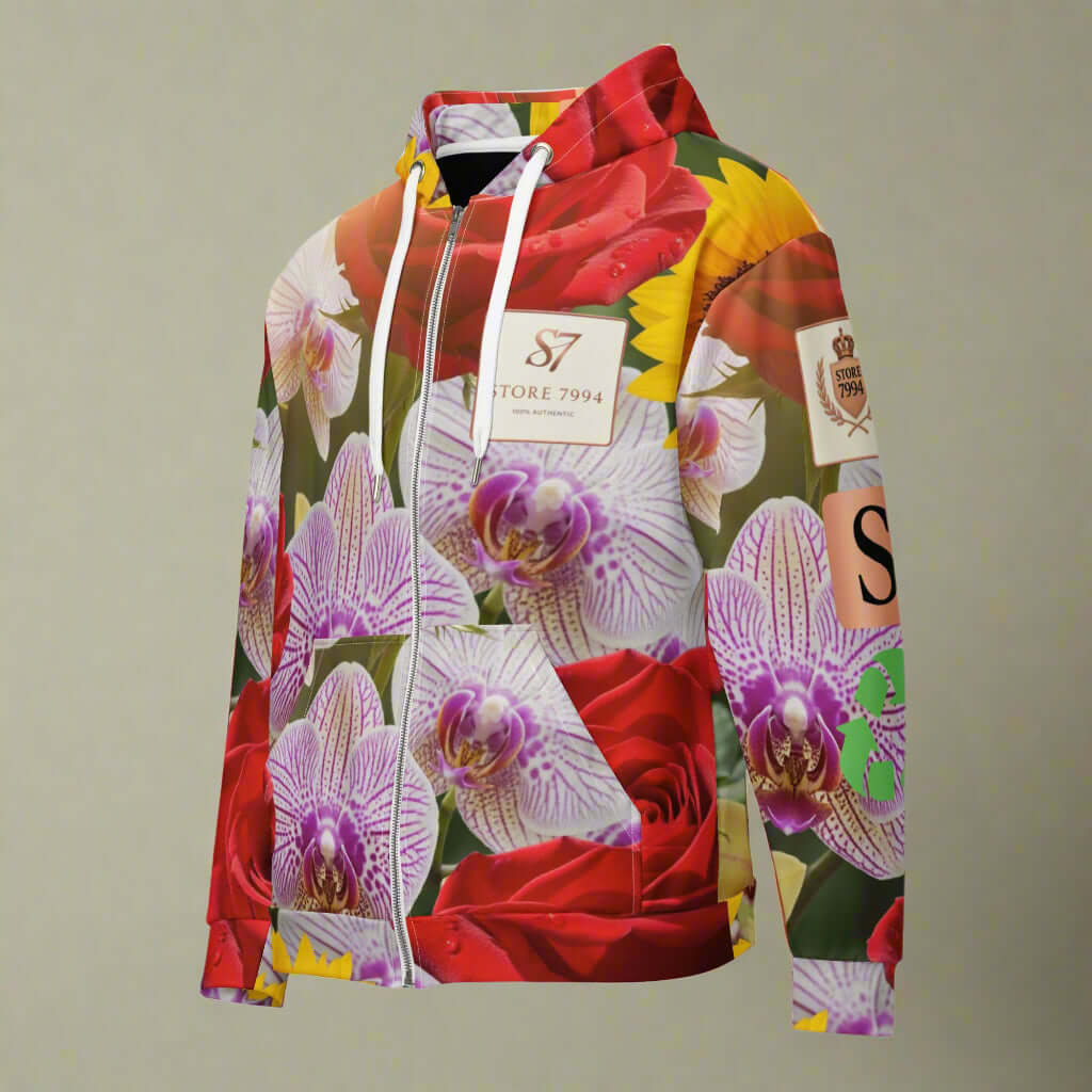 STORE 7994 “FLOWERS NOW” All-Over Floral Hoodie – Red Roses, Wild Orchids & Sunflowers, Recycled Mix