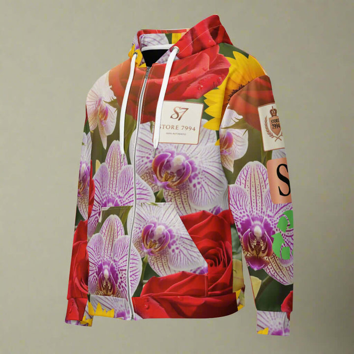 STORE 7994 “FLOWERS NOW” All-Over Floral Hoodie – Red Roses, Wild Orchids & Sunflowers, Recycled Mix