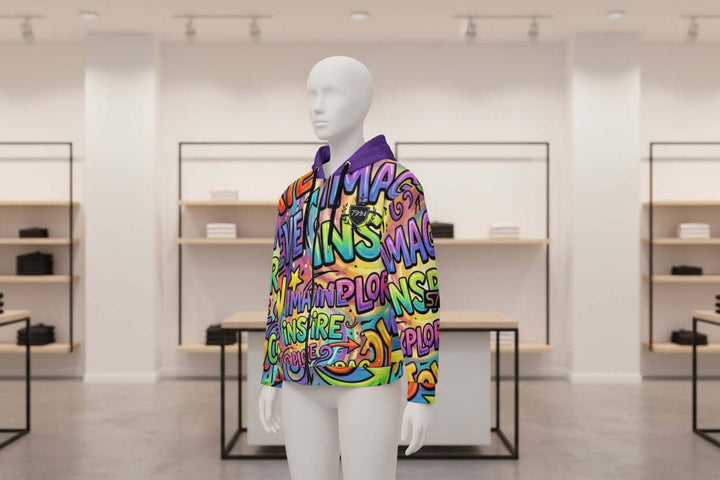 S7 Multicolor Inspiration Hoodie – Purple Edition displayed in a stylish retail setting, showcasing vibrant colors and inspirational phrases.