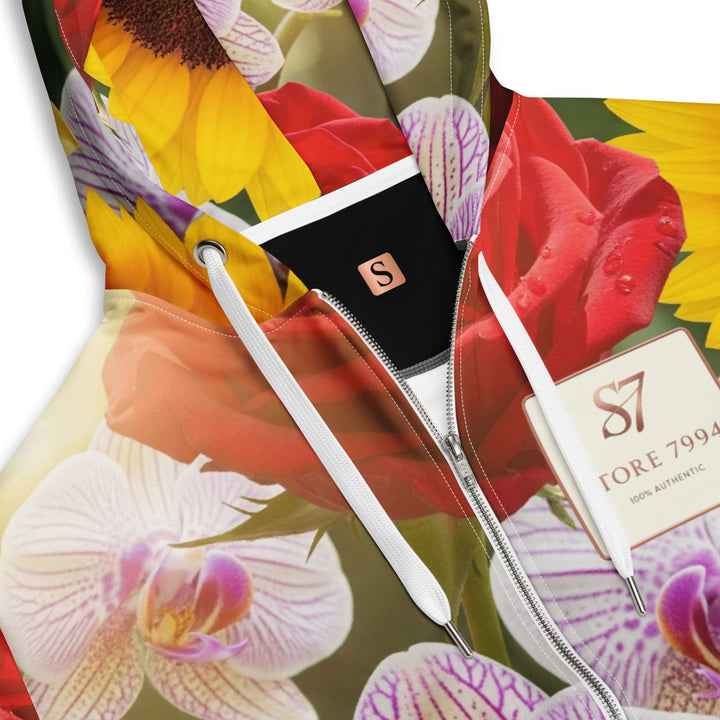 STORE 7994 “FLOWERS NOW” All-Over Floral Hoodie – Red Roses, Wild Orchids & Sunflowers, Recycled Mix