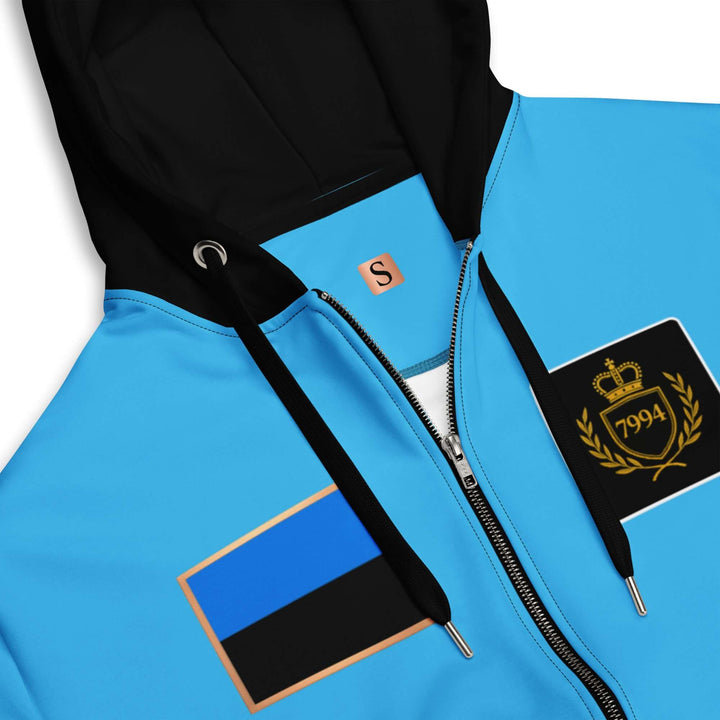 Blue jacket with black accents and a logo on a white background