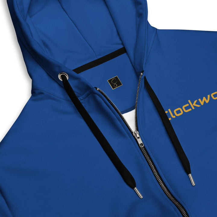 Blue hoodie with a zipper and 'Lockwood' branding on a white background