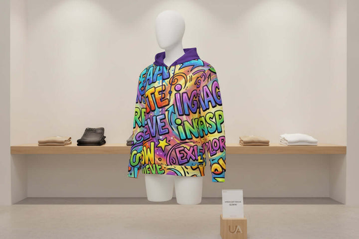 S7 Multicolor Inspiration Hoodie – Purple Edition displayed on a mannequin, showcasing vibrant colors and inspirational words.