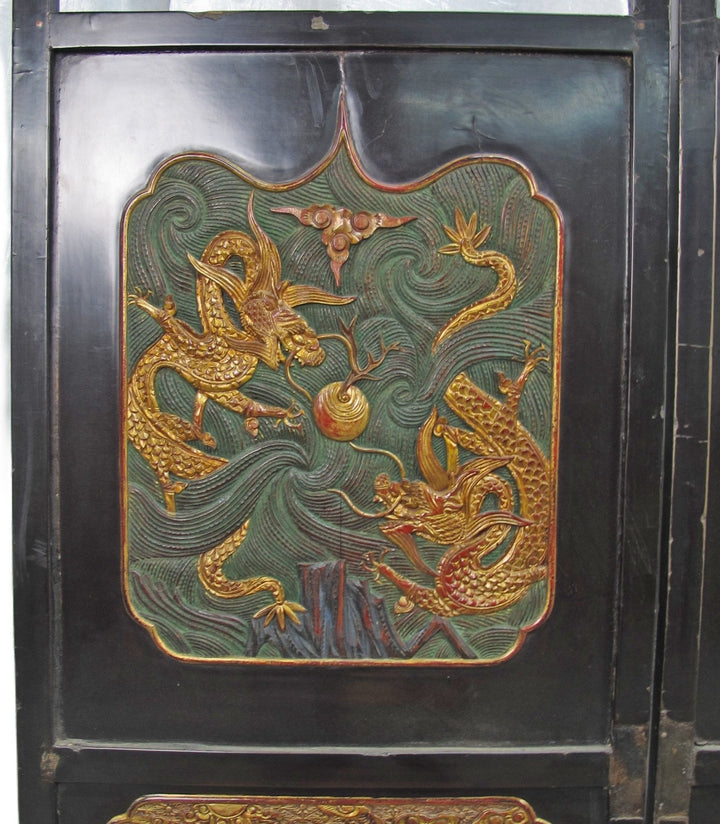 Antique Chinese Room Divider w Hand Carved & Gilded Dragons on Both Sides - Set of 4