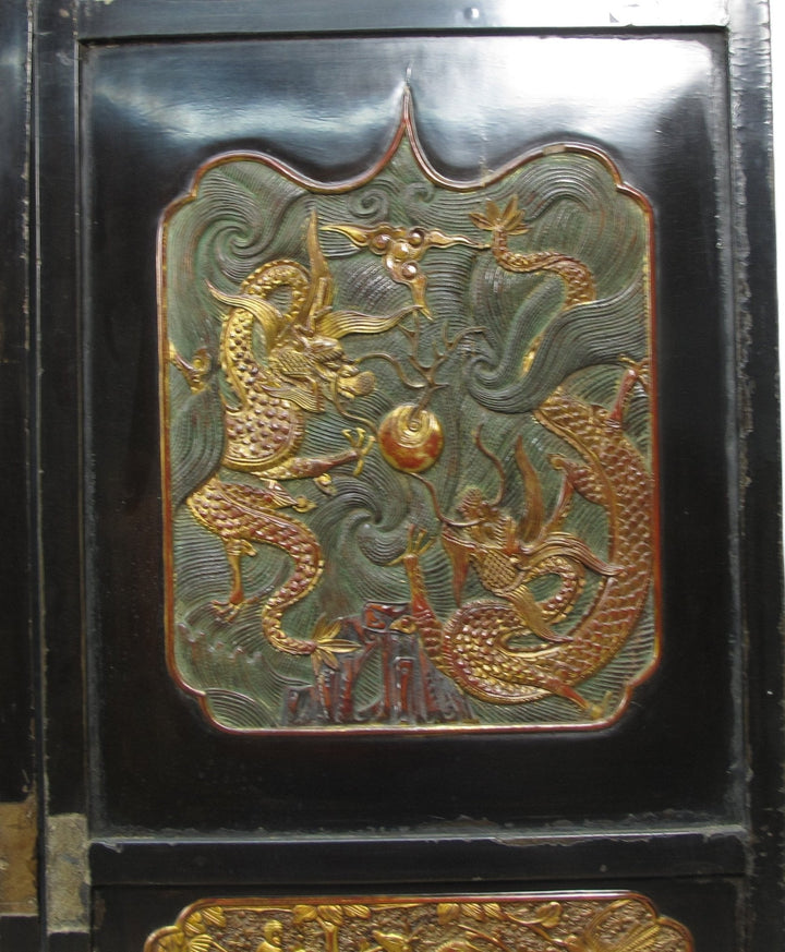 Antique Chinese Room Divider w Hand Carved & Gilded Dragons on Both Sides - Set of 4