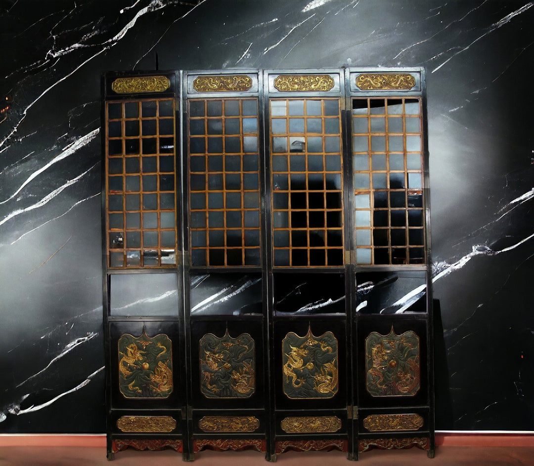 Antique Chinese Room Divider w Hand Carved & Gilded Dragons on Both Sides - Set of 4