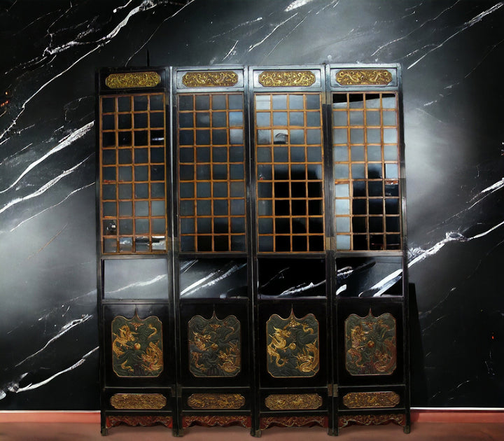 Antique Chinese Room Divider w Hand Carved & Gilded Dragons on Both Sides - Set of 4