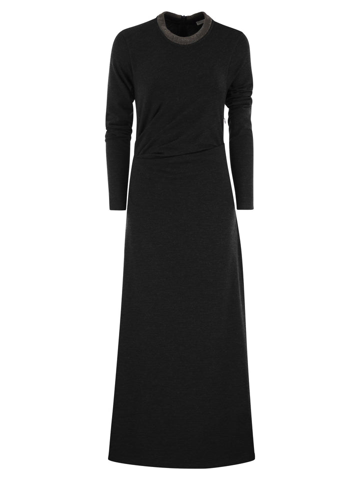 Brunello Cucinelli Women Draped Dress In Stretch Virgin Wool Jersey With Precious Collar