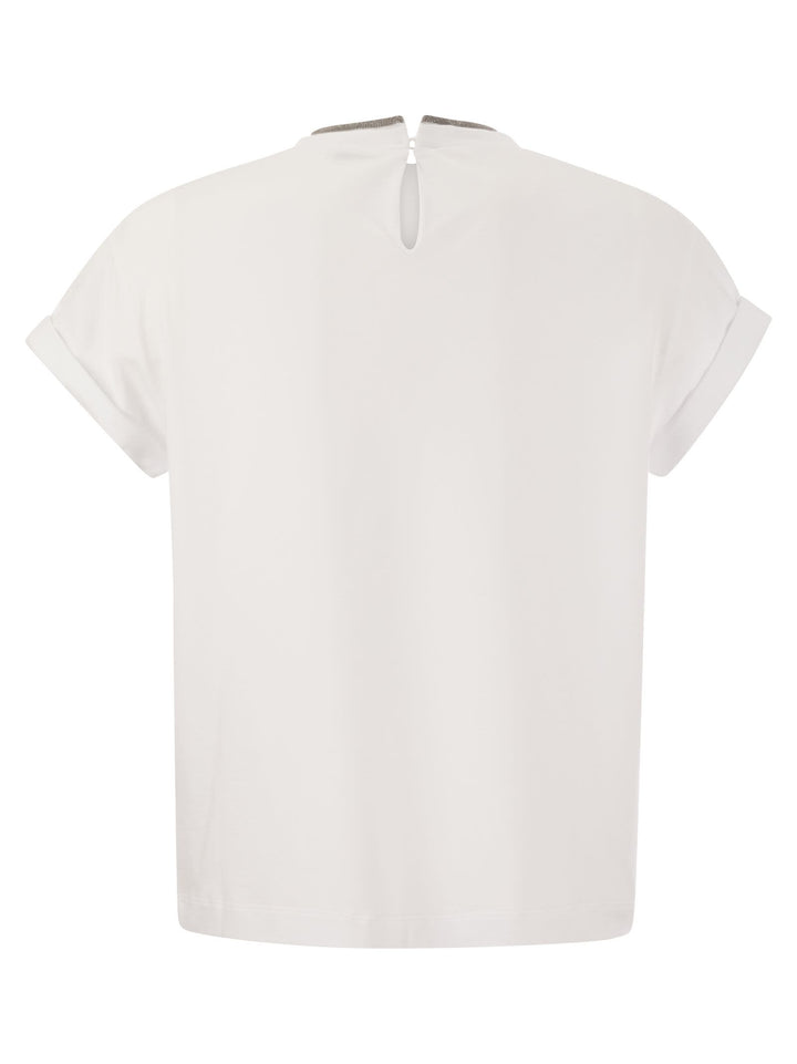 Brunello Cucinelli Women Stretch Cotton Jersey T-Shirt With Precious Faux-Layering