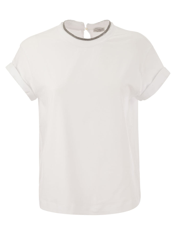 Brunello Cucinelli Women Stretch Cotton Jersey T-Shirt With Precious Faux-Layering