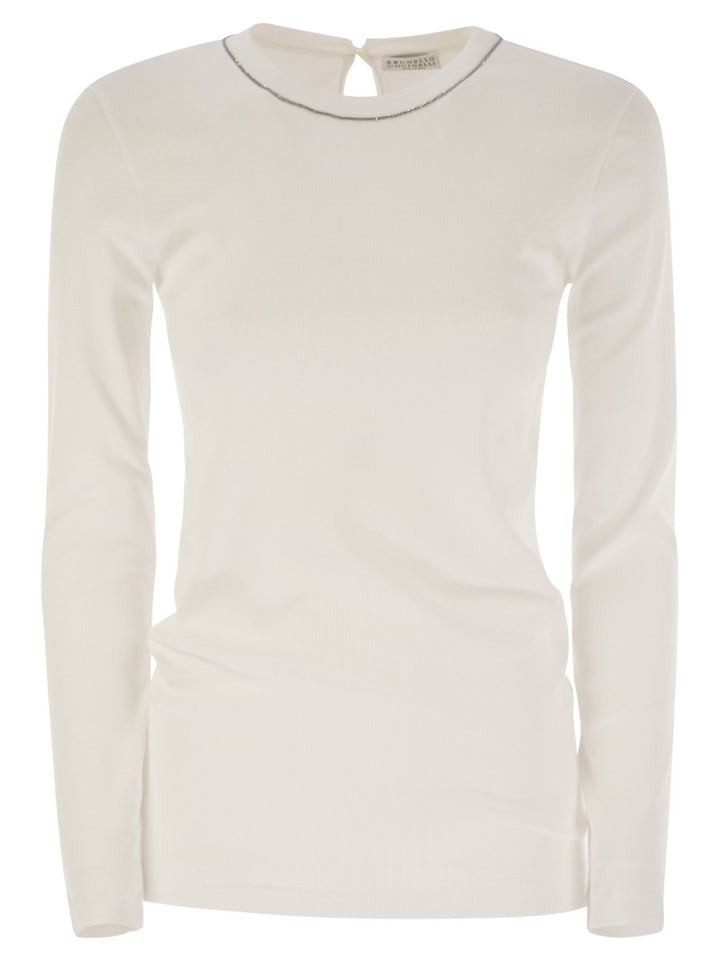 Brunello Cucinelli Women Ribbed Stretch Cotton Jersey T-Shirt With Jewellery
