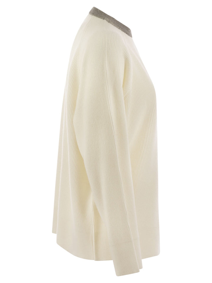 Brunello Cucinelli Women Ribbed Cashmere Sweater With Necklace