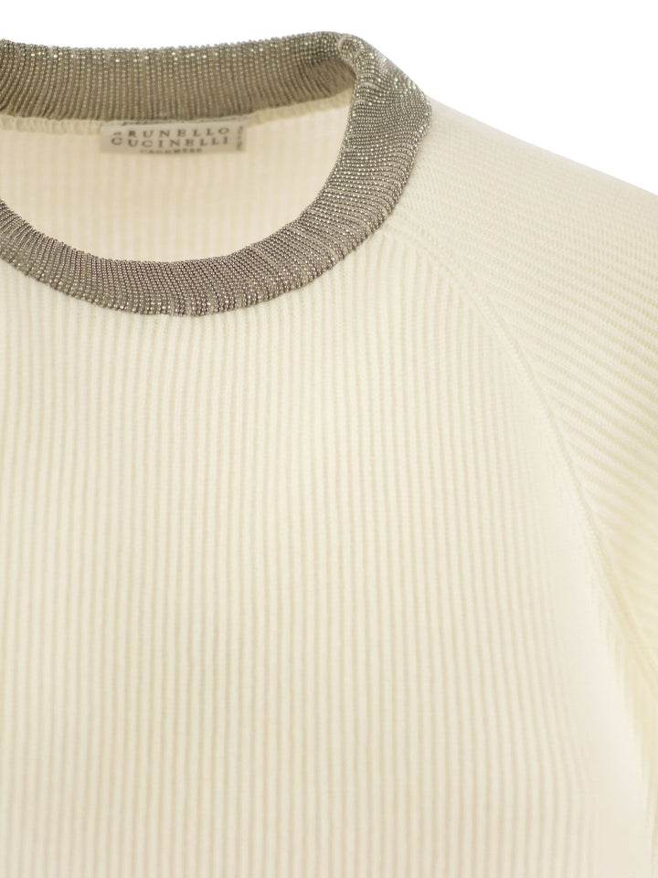 Brunello Cucinelli Women Ribbed Cashmere Sweater With Necklace