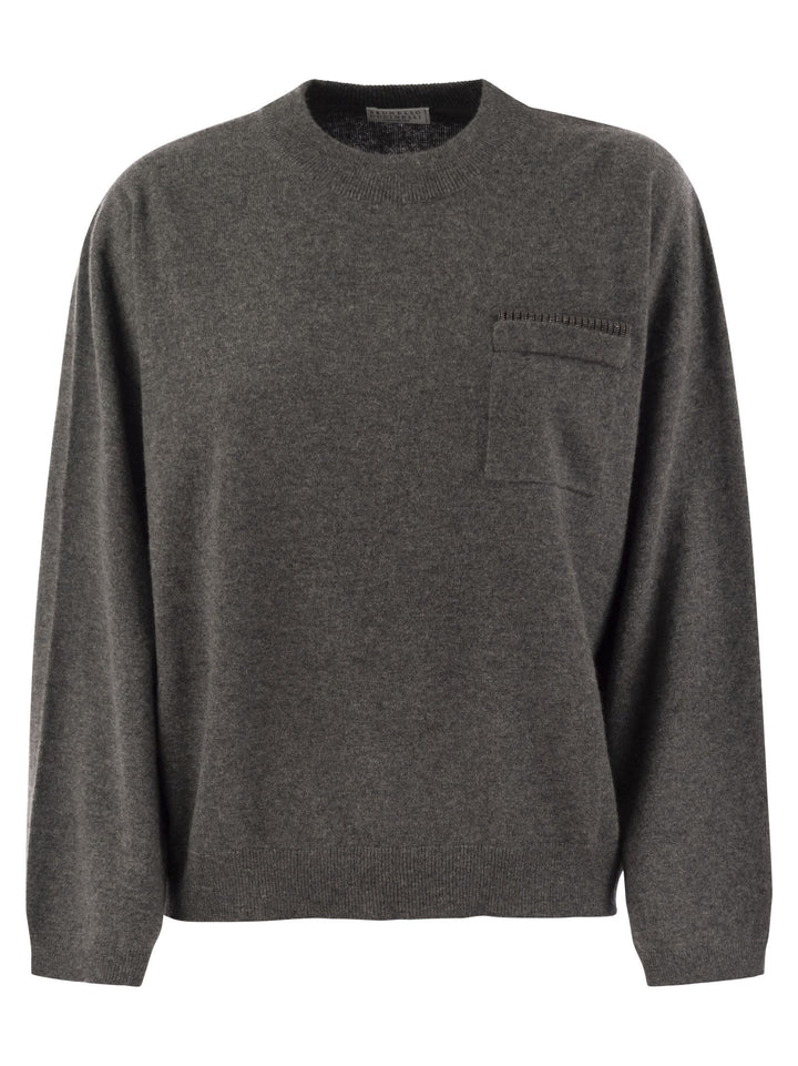 Brunello Cucinelli Women Cashmere Sweater With Breast Pocket And Necklace