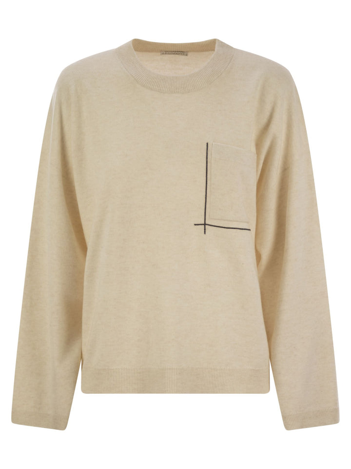 Brunello Cucinelli Women Virgin Wool, Cashmere And Silk Sweater With Shiny Pocket Detail