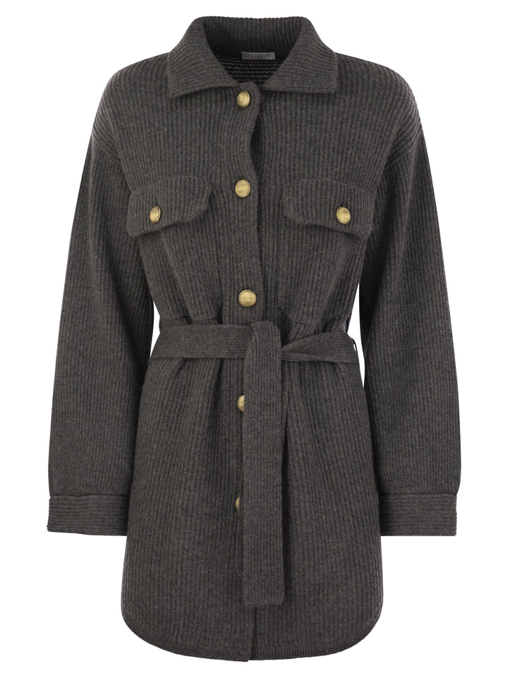 Brunello Cucinelli Women Cardigan In Virgin Wool, Cashmere And Silk English Rib With Metal Buttons And Belt