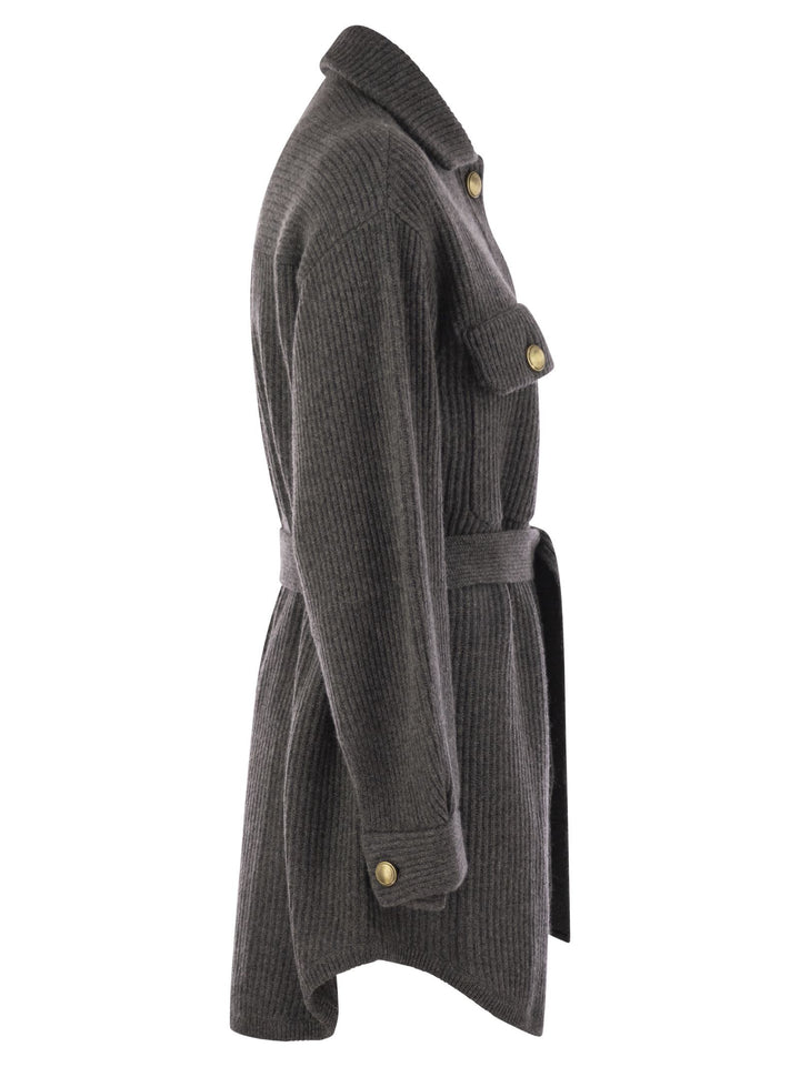 Brunello Cucinelli Women Cardigan In Virgin Wool, Cashmere And Silk English Rib With Metal Buttons And Belt