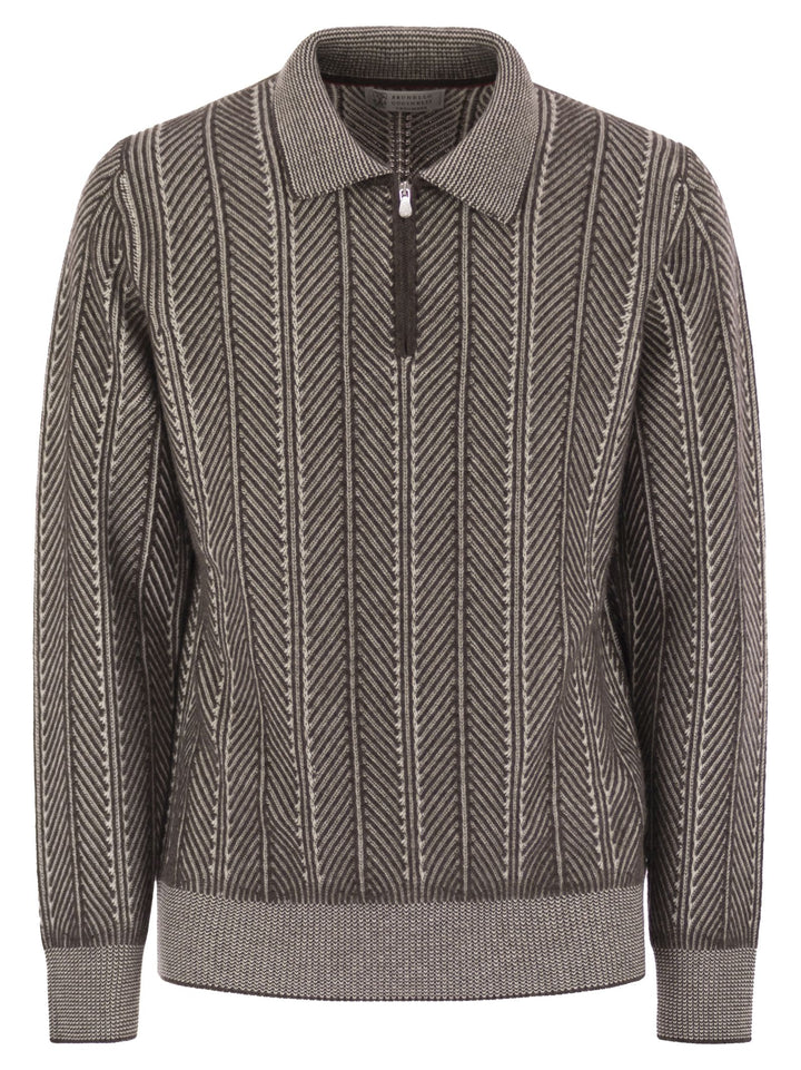 Brunello Cucinelli Men Vanisé Chevron Cashmere Sweater With Polo Neck And Zip Opening