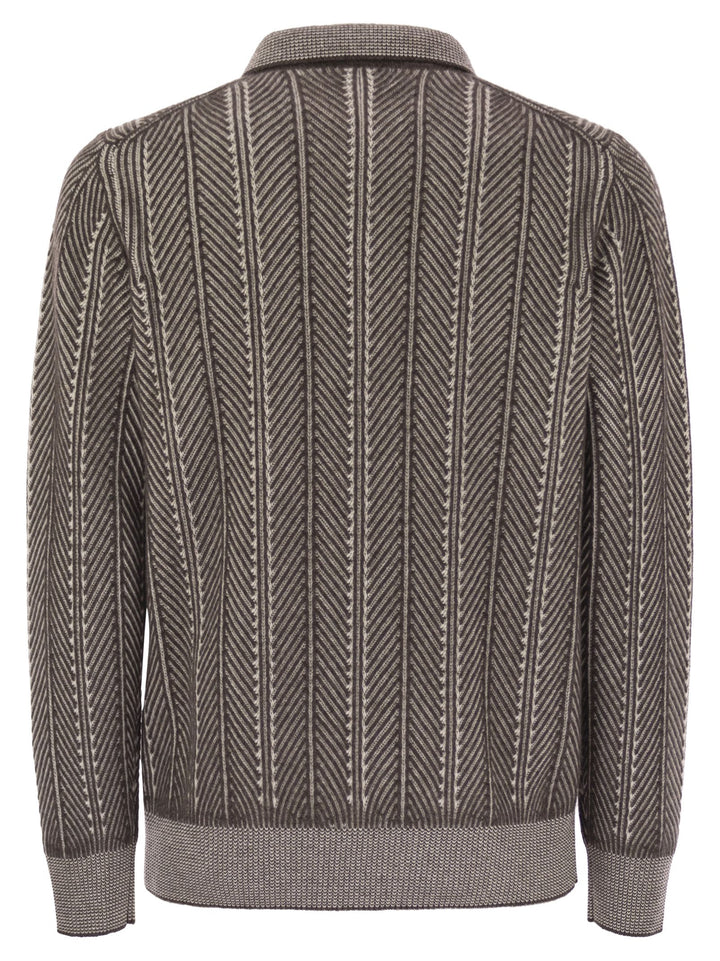 Brunello Cucinelli Men Vanisé Chevron Cashmere Sweater With Polo Neck And Zip Opening