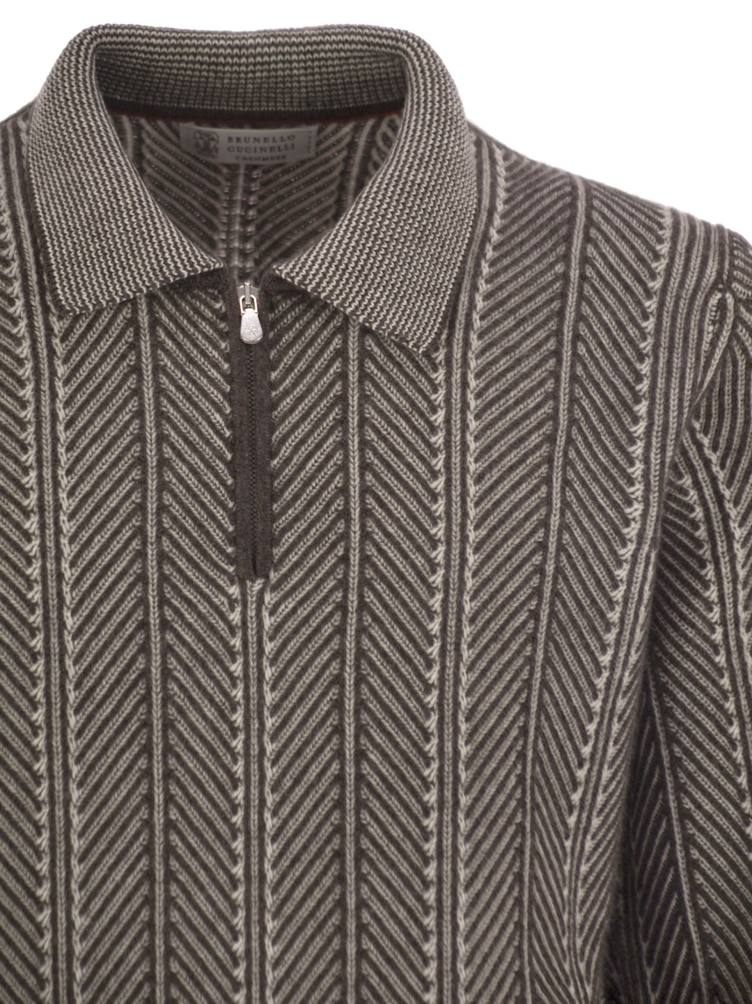 Brunello Cucinelli Men Vanisé Chevron Cashmere Sweater With Polo Neck And Zip Opening