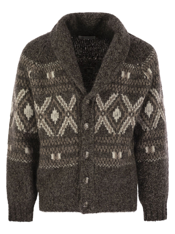 Brunello Cucinelli Men Geometric Jacquard Cardigan In Alpaca, Virgin Wool And Cashmere With Metal Buttons