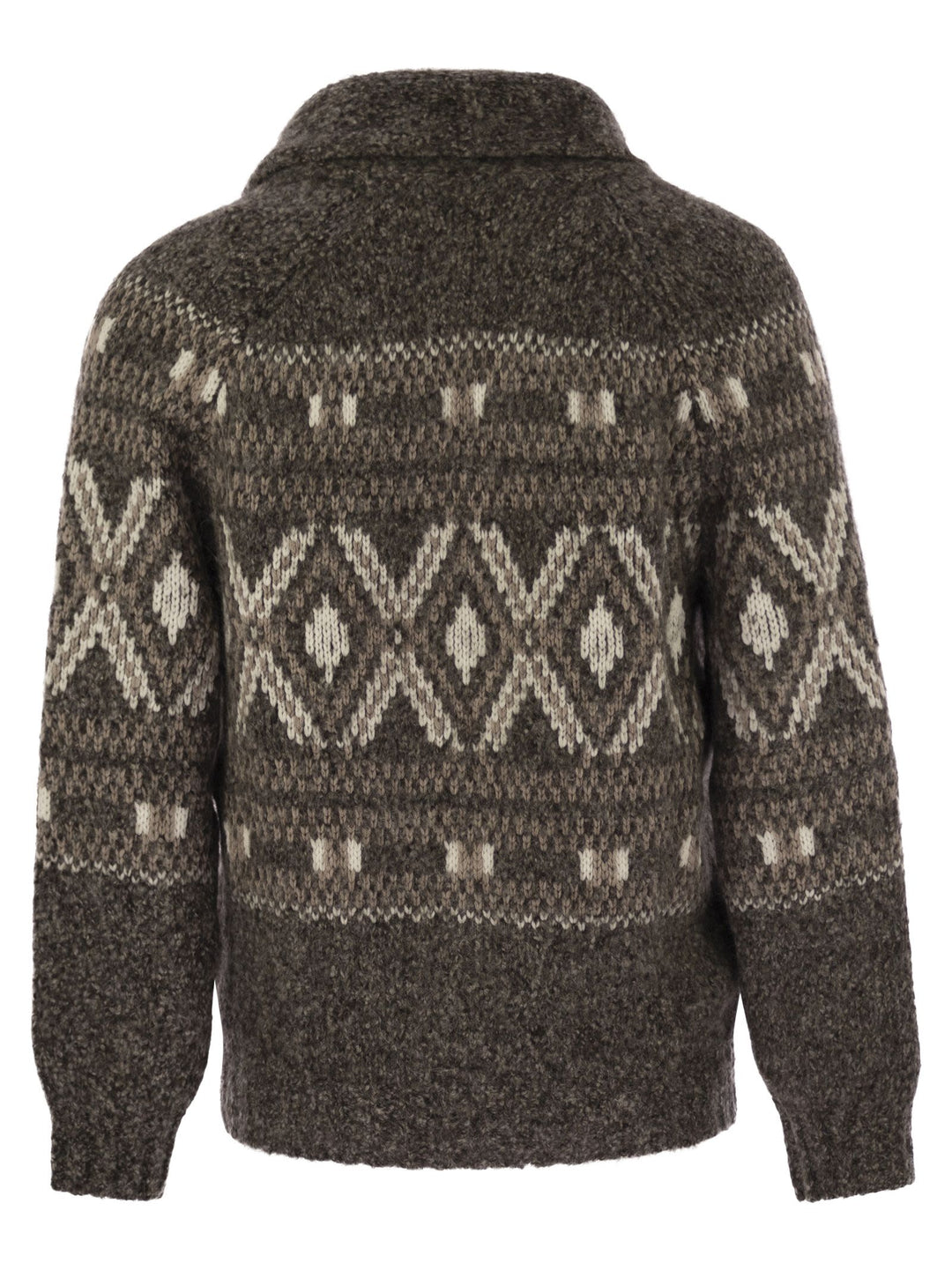 Brunello Cucinelli Men Geometric Jacquard Cardigan In Alpaca, Virgin Wool And Cashmere With Metal Buttons