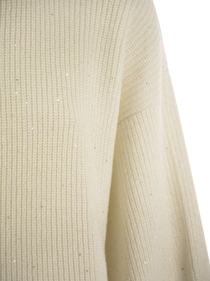 Brunello Cucinelli Women Wool And Cashmere Rib Sweater With Sequins