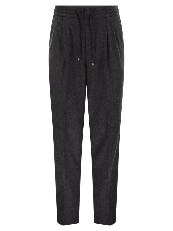 Brunello Cucinelli Men Leisure Fit Trousers In Virgin Wool Flannel With Drawstring And Double Darts