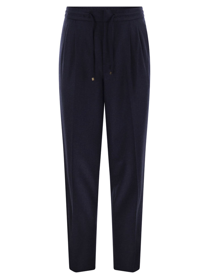 Brunello Cucinelli Men Leisure Fit Trousers In Virgin Wool Flannel With Drawstring And Double Darts