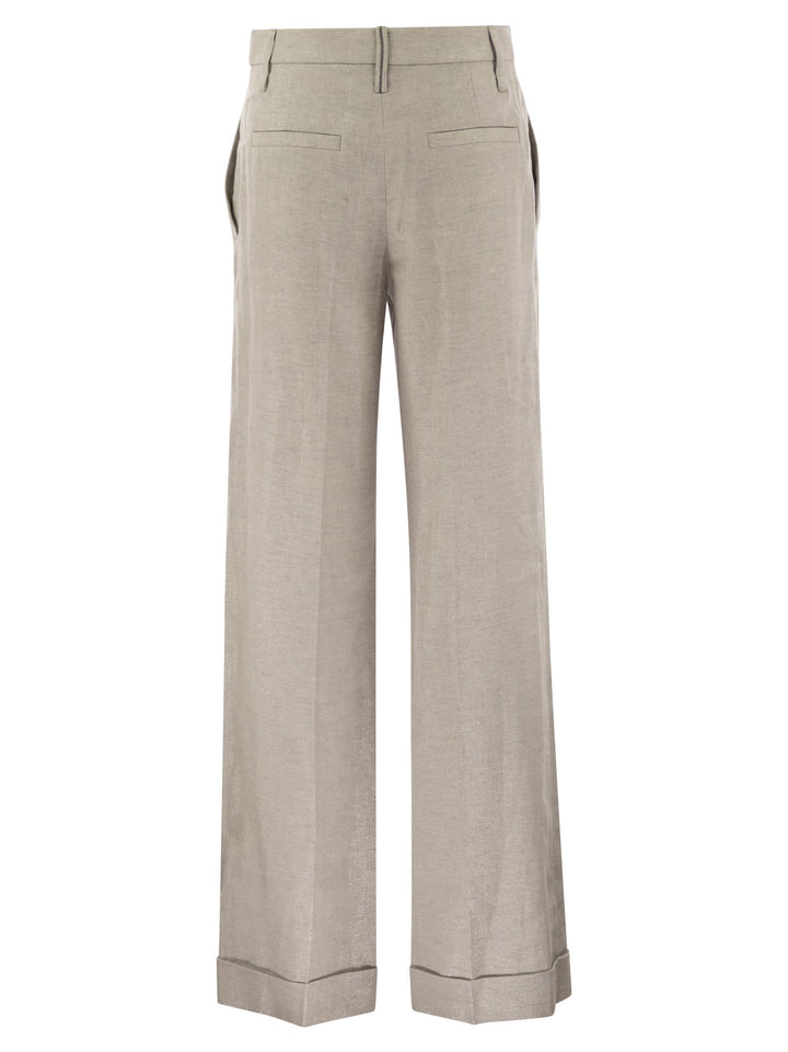 Brunello Cucinelli Women Flared Loose-Fitting Trousers In Sparkling Linen Twill With Necklace