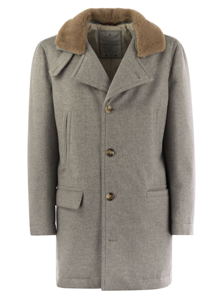 Brunello Cucinelli Men Cashmere Coat With Shearling Collar
