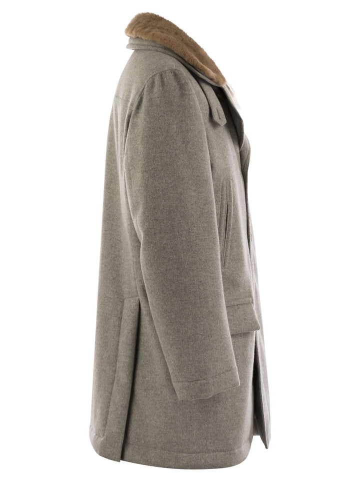 Brunello Cucinelli Men Cashmere Coat With Shearling Collar