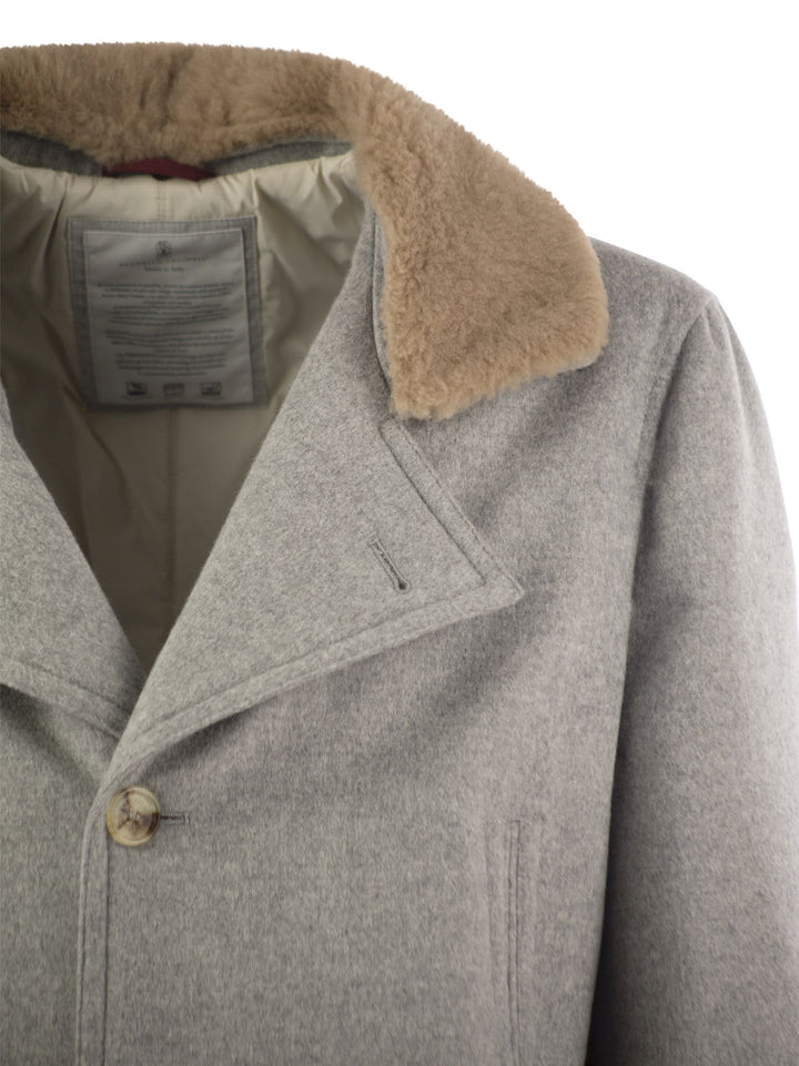 Brunello Cucinelli Men Cashmere Coat With Shearling Collar