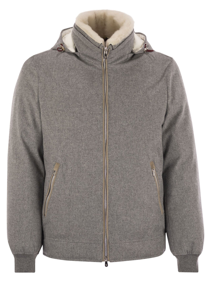 Brunello Cucinelli Men Membranated Wool Flannel Down Jacket With Shearling-Lined Collar